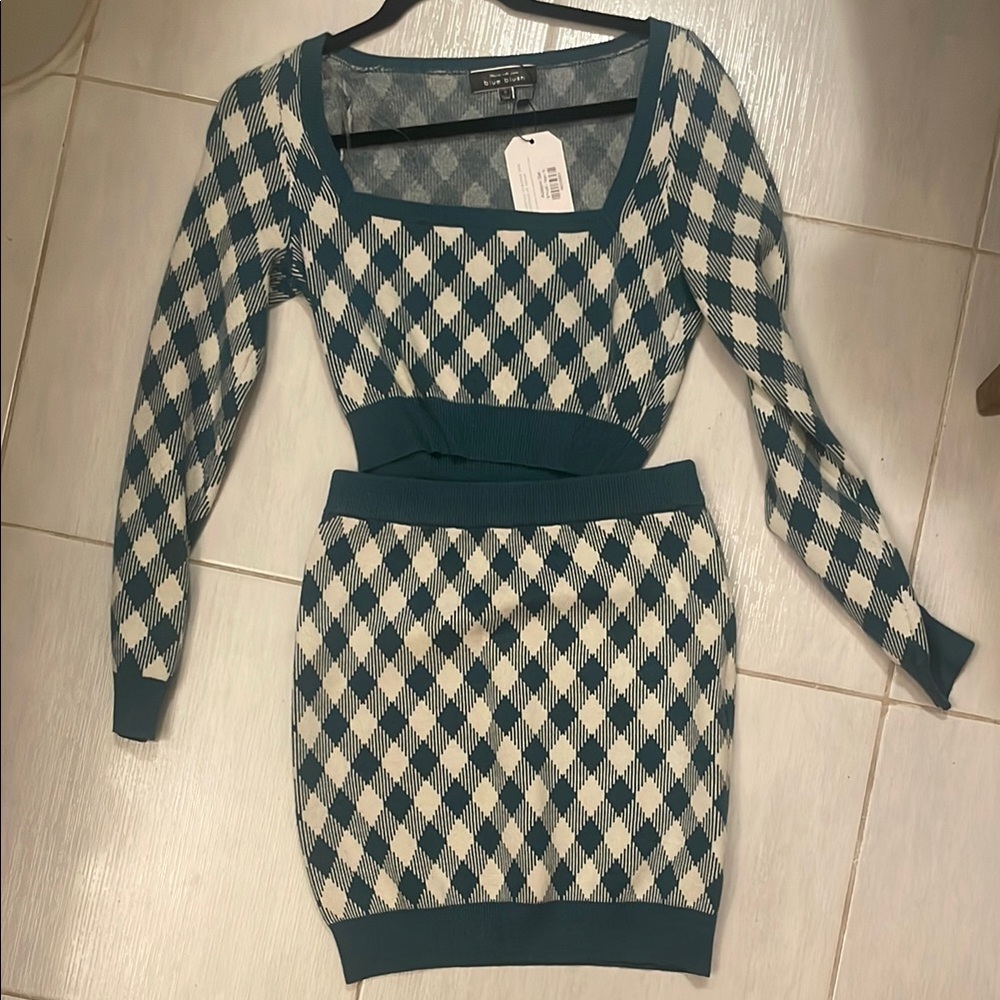 Blue Blush Teal and Cream Argyle Mini Dress